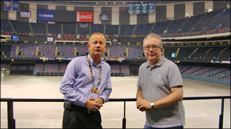 Matthew and Benny Vanderklis, security chief, in the Superdome.