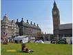 The view from Parliament Square - the makeshift 'Democracy Village' in the foreground, Portcullis House in the centre, and the Houses of Parliament on the right, with the famous Big Ben clocktower.