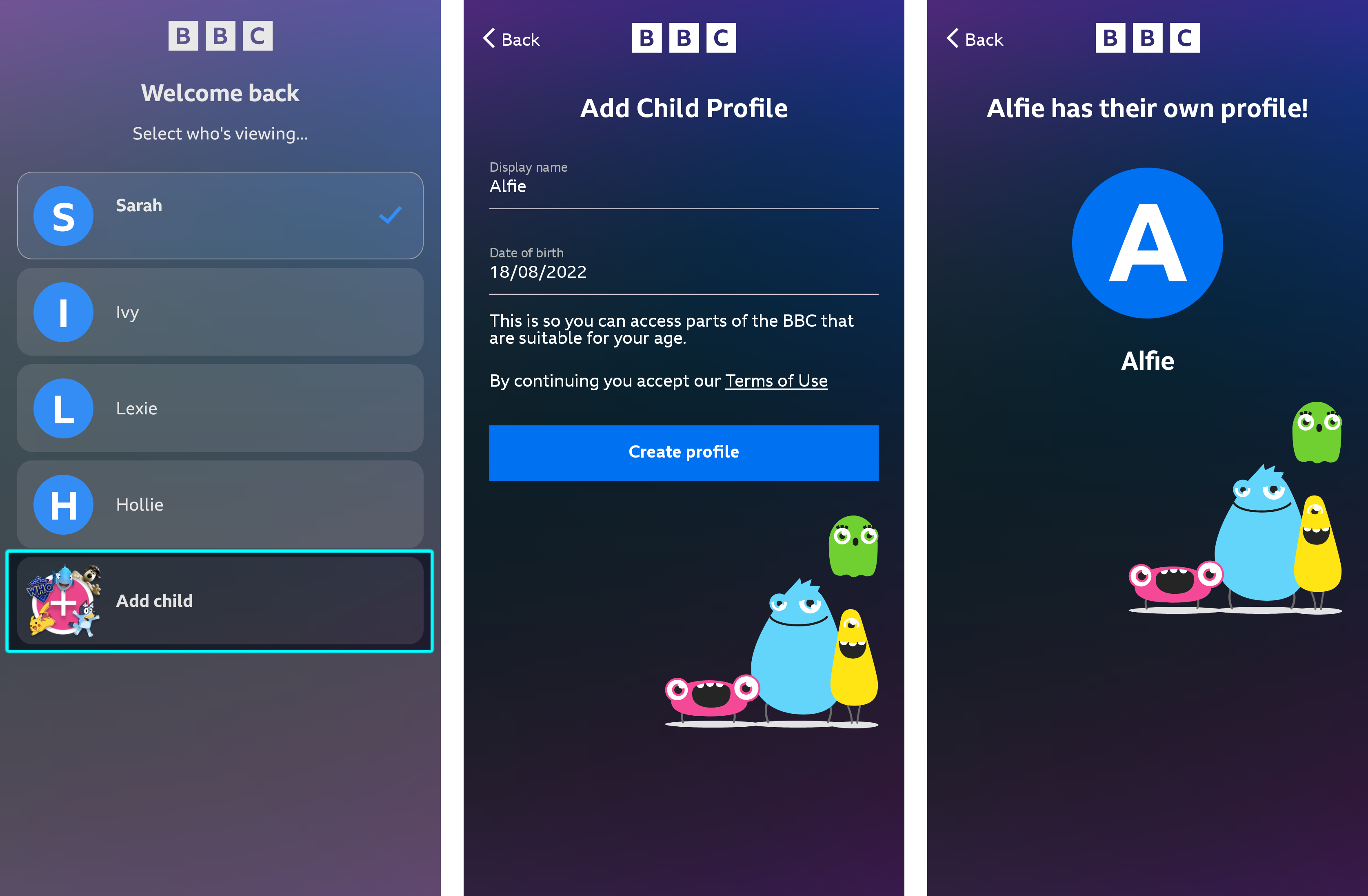 Three images from the mobile app showing the process of creating a child profile