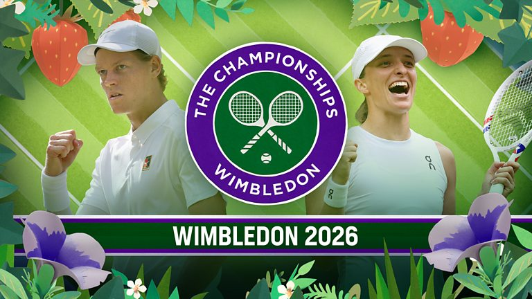 Promotional image for Wimbledon with the logo in the centre and a player on either side