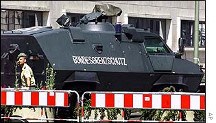 Police tank and road block on Berlin street near US embassy