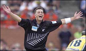 Shane Bond celebrates a wicket