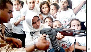 Palestinian police officer teaches girls how to use an AK-47 rifle 