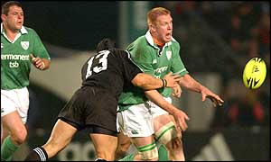 Ireland lock Paul O'Connell in action against a District XV in Timaru