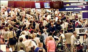Delayed customers mill around Heathrow airport