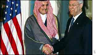 Saudi Foreign Minister Prince Saud al-Faisal meeting US Secretary of State Colin Powell this month