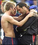 David Beckham consoles  David Seaman after England's defeat