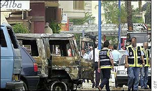 Bomb blast scene near Las Piramides Hotel in Fuengirola