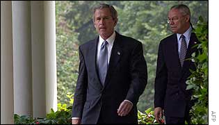 US President George W Bush approaching the lectern before his 24 June White House statement