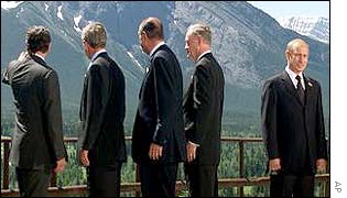 Vladimir Putin (facing forward) with G8 leaders in Kananaskis
