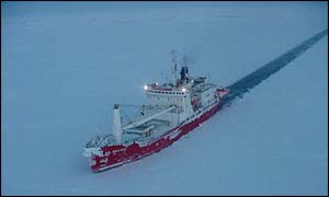The Agulhas, heading NE, making about 6k at full power through 25cm thick grey-white ice