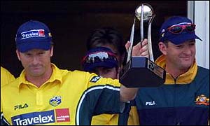 Steve and Mark celebrate Australia's NatWest Series win in England in 2001