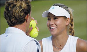 Anna Kournikova has a laugh with partner Jonas Bjorkman
