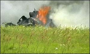The plane on fire