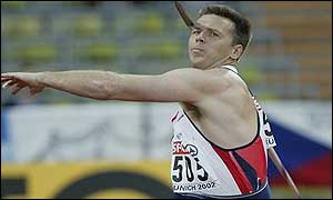 Steve Backley competes in the European Championships final