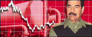 Saddam Hussein in a montage, with oil facilities in the background