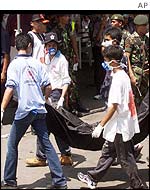 Rescue workers carrying body of Bali bomb victim