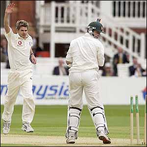 James Anderson celebrates bowling Travis Friend