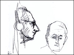 Yehuda Bacon's courtroom sketch of Adolf Eichmann (L) and the judge (R), © Yehuda Bacon