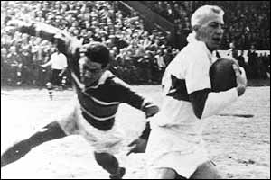 Van Vollenhoven finally beats the fifth and final defender on his way to first of his three tries in the match 