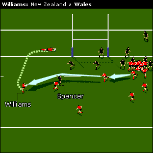 The ball slides off the top of Carlos Spencer's despairing fingers, and into the hands of Williams  who crosses with a scissor step before touching down almost under the posts 