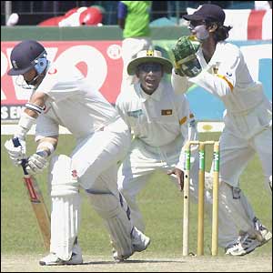 Nasser Hussain of England is caught behind by Kumar Sangakarra