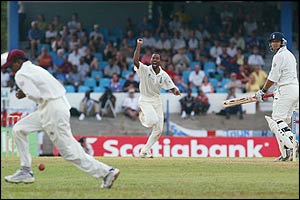 Corey Collymore, Shivnarine Chanderpaul and Mark Butcher