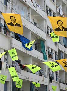 Flags flying in street