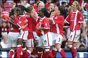 Aluko (second left) is congratulated by her Charlton team-mates after scoring the only goal of the match