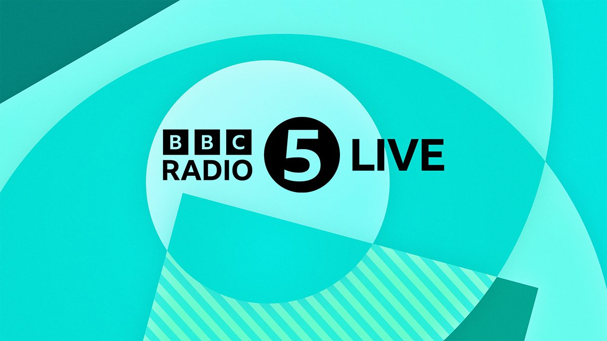 blue background, from left side BBC logo, radio under it. Next to it number 5 in the middle of the picture, on the other side of number 5 there is live