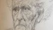 Photographs of two different portraits of author RS Thomas