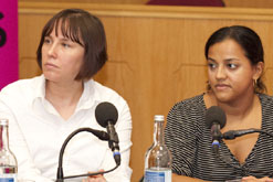 Nicola Monaghan & Riazat Butt taking part in discussion. Photographer Richard Richards at University of Derby