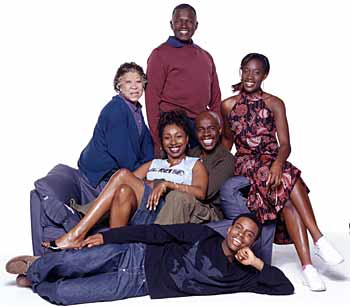 Mona Hammond as Grandma, Rudolph Walker as Grandpa, Ony Uhiara as Adele, Akemnji Ndifornyen as Aiden, Robbie Gee as Roly  and Jo Martin as Natalie in The Crouches