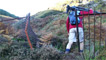 Producer, Gareth Rees Rowlands heading back up the valley with camera tripod on his shoulders