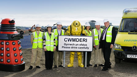L-R: Rodney Berman, Leader of Cardiff Council; Menna Richards, Director BBC Cymru Wales; Mark Hallett, Development Director Igloo regeneration; Clare Hudson, Head of Programmes (English) BBC Cymru Wales; John Worrell, Business Development Director Vinci Construction UK and Chris Munday, Head of Property Funding for the Welsh Assembly Government at the site of the new BBC Cymru Wales drama production centre in Cardiff Bay as work on the site begins.

