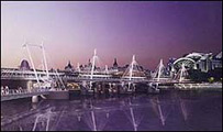 Hungerford Bridge lit up at night