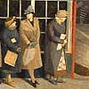 Detail of 'The Queue at the Fish Shop' showing shoppers in the queue for fish