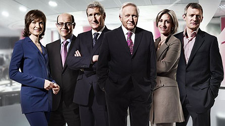 General Election 2010 BBC presenting team,  l-r: Fiona Bruce, Nick Robinson, Jeremy Paxman, David Dimbleby, Emily Maitlis, Jeremy Vine