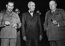 Allied leaders - Joseph Stalin,  Harry S Truman and Winston Churchill - at Potsdam Conference, 1945