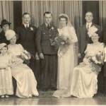 Left to right, Joseph and lily Ball, (parents), Freda Inwood and Betty Ball (bridesmaids), Peter Bullock (best man) Ivor and Una Ball,  Hubert and Lucy Palmer (parents) Edna Palmer (bridesmaid) and Jeffrey Palmer (pageboy)