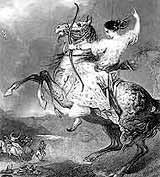 Image of a female Tartar warrior on horseback with a bow and arrow