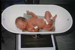 Image: A newborn being weighed