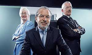 Sir Alan Sugar with his aids Margaret Mountford and Nick Hewer