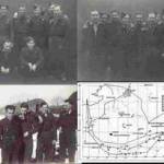 Above, some of the crew of Lancaster SR-V2 with unidentified faces and below left the crew, John Moore, Albert Tuuri, Eric Brown, Thomas Crane and John Hodgson.  Bottom right, the annotated Operation Report from the RAF  Night Operations on Stuttgart July 28th-29th 1944 when they failed to return.