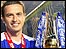 Leicester City's Matt Oakley holding the League One Trophy, presented to the team on Friday 24 April 2009 during the Scunthorpe game.