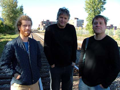 Robert Sandall and Mark Russell with Bruce Cawdron - this view of the railway tracks was used in the band's first appearance in the Wire magazine in 1998