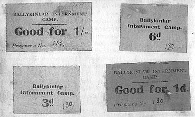 Money tokens used in  Ballykinlar saved & displayed in an autograph book -  (Courtesy of Kilmainham Gaol Archives)