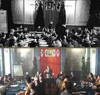 Top image,  Governor General Hans Frank, speaks about the likely fate of the Jews. The bottom image shows the series reconstruction