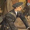 Detail of 'The Queue at the Fish Shop' showing a young man in uniform on urgent business