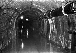 View showing a flooded tunnel. The metal horseshoe ribs which were  put in place to uphold the ceiling can clearly be seen